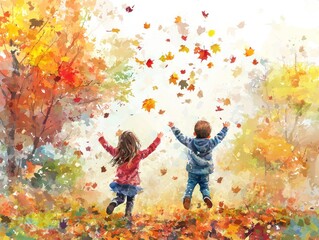 Children playing with falling autumn leaves in a colorful watercolor forest Generative AI