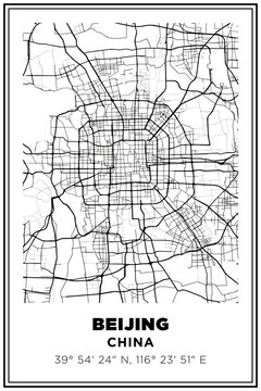 Black and white printable Street map art Beijing city, china. Travel poster with coordinates, poster design, Modern Poster Wall Art Home Decor Ready to Printable