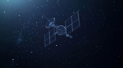 3D satellite,made of lines and dots,floats in space against a dark blue background.Represents how wireless technology,like satellites,connects us for mobile communication,internet low poly wireframe.