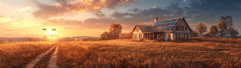 Obraz premium Wide-angle view of a futuristic farmhouse with solar panels and drones, dramatic sunset lighting, serene rural landscape