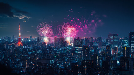 Fototapeta premium Celebratory fireworks illuminate the Tokyo skyline, as thousands gather to welcome the New Year 2025