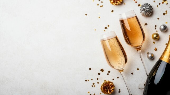 Elegant New Year s Eve banner template with gold and silver stars champagne glasses and sparkling confetti arranged in a flat lay composition on a white background with a deep depth of field