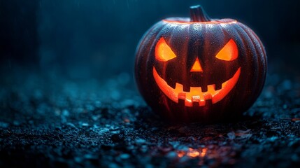 Obraz premium A pumpkin with a scary face is sitting on the ground