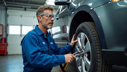 Mechanic Changing Tire: A skilled auto mechanic meticulously works on changing a tire, showcasing expertise and precision in a well-lit auto repair shop.
