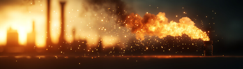 A dramatic industrial scene with flames and smoke billowing into the air, highlighting environmental concerns.