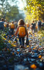 Fototapeta premium Child walking on a littered path, showcasing environmental concerns and the impact of waste on nature.