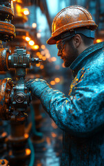 Worker in safety gear inspecting industrial equipment in a rainy environment, showcasing diligence and safety in operations.