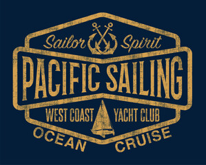 Pacific ocean sailing cruise label vector print for kid boy children t shirt  grunge effect in separate layer
