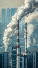 Towering industrial smokestacks releasing dense plumes of pollution against a backdrop of high rise buildings, illustrating urban air quality issues