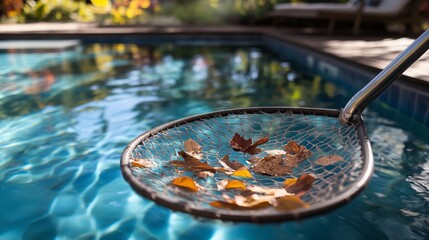 Cleaning autumn leaves out of a swimming pool with leaf net