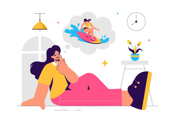 Vector Illustration of People Daydreaming, Imagining, and Fantasizing in Thought Bubbles in a Flat Style Cartoon Background