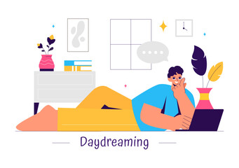 Vector Illustration of People Daydreaming, Imagining, and Fantasizing in Thought Bubbles in a Flat Style Cartoon Background