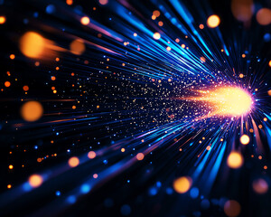 Obraz premium Vibrant light trails and particles create a stunning visual effect on a dark background.