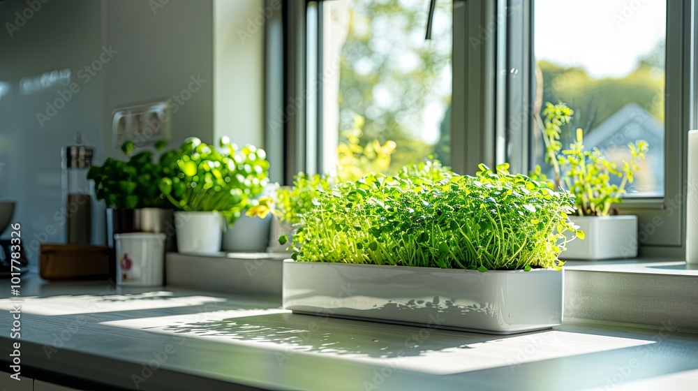 Poster Fresh microgreens thrive in containers on a kitchen windowsill, basking in sunlight on a bright afternoon, creating a lively atmosphere. Generative AI