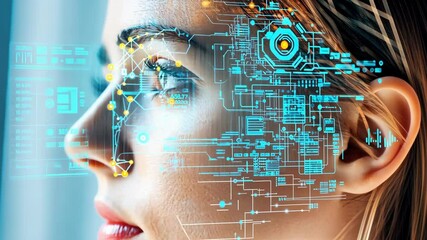 Futuristic concept of ai and human interaction with digital interface overlay