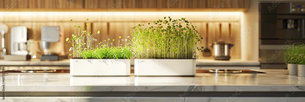 Poster Two containers of vibrant microgreens are flourishing on a kitchen countertop, illuminated by warm lighting and a stylish backdrop. Generative AI