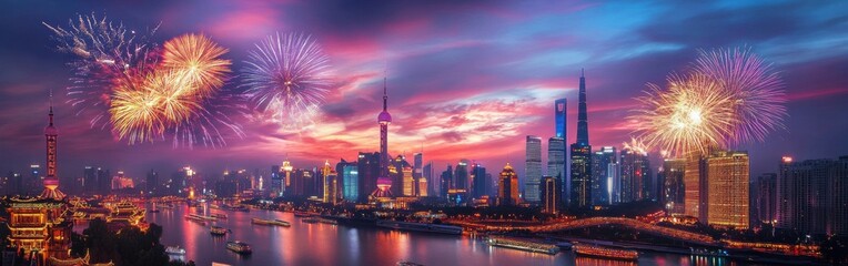 Fototapeta premium Spectacular fireworks light up the skyline during a vibrant evening celebration with colorful illuminations on the water. Wide web banner.