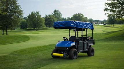Lawn care vehicle maintaining golf course grass