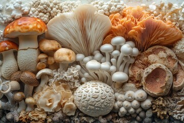 Fototapeta premium A variety of mushrooms showing different sizes, colors and shapes. Generative AI