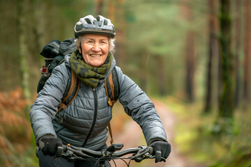 Fototapeta premium Cheerful active senior woman with bicycle in the forest. Perfect activities for elderly people.