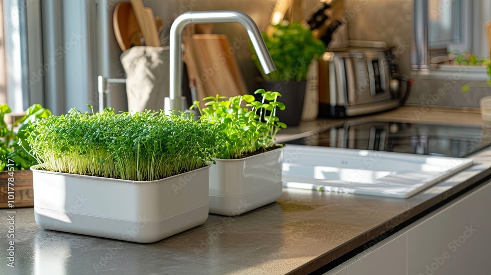 Poster two containers of vibrant microgreens sit on a kitchen countertop, capturing sunlight and emphasizin