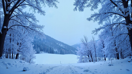Fototapeta premium Frosty forest path leading to snowy mountains in winter