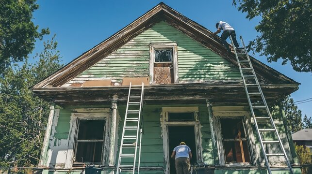 Construction workers renovating exterior of green house