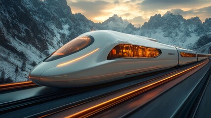 Obraz premium A train is traveling down a track with mountains in the background