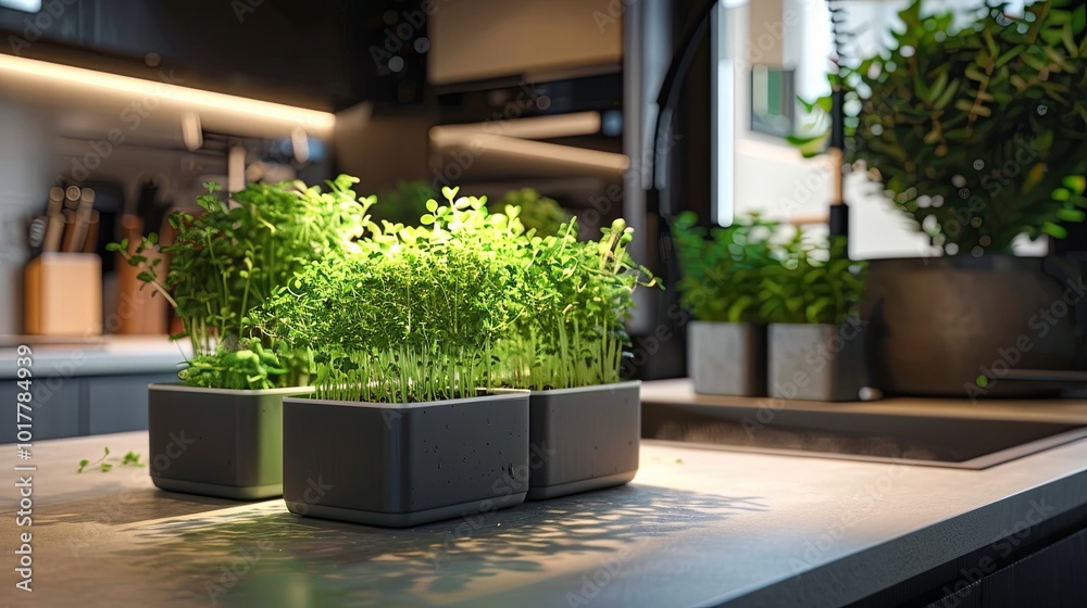 Poster fresh microgreens thrive in small containers on a countertop, illuminated by soft natural light in a