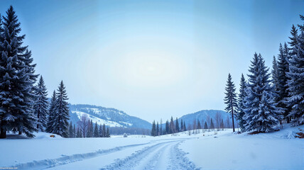 Snowy mountain road with fir trees and distant hills