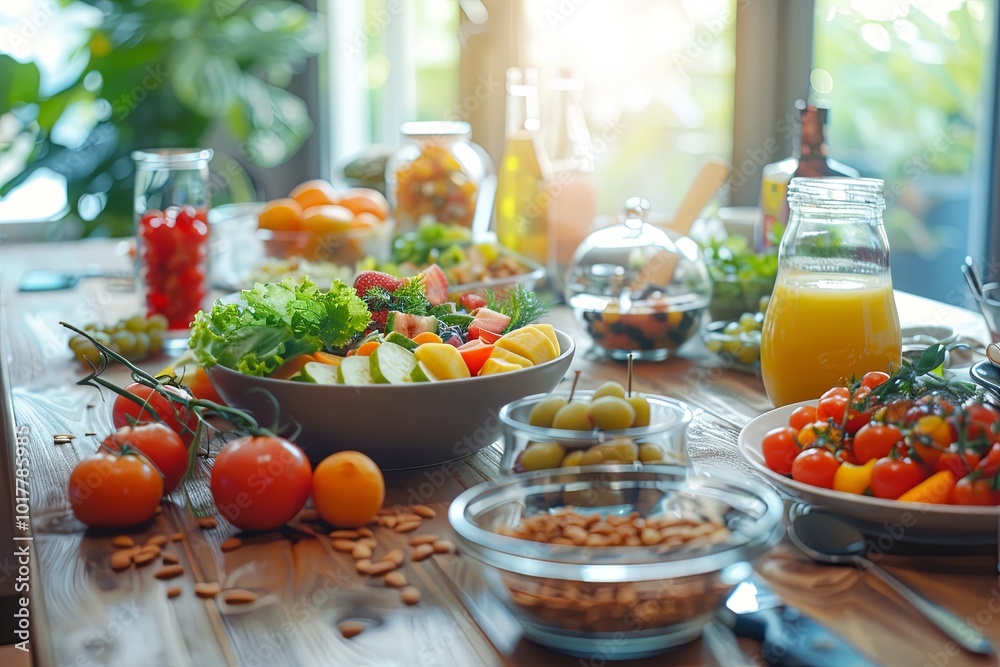 Poster a rustic table showcases a colorful array of fresh fruits, vegetables, nuts, and wholesome meals, il