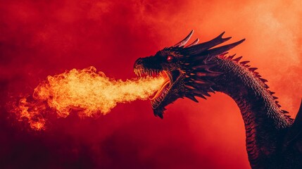 Black dragon breathing fire on red background