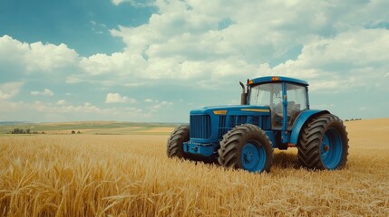 A blue tractor is driving through a field of wheat