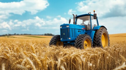 Obraz premium A blue tractor is driving through a field of wheat