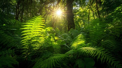 Fototapeta premium Sunlight shining through lush green ferns and trees in a dense forest.