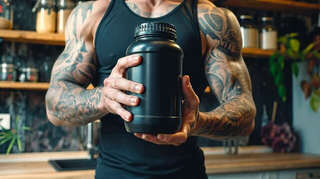 Male bodybuilder stands in the kitchen and holding a black jar of protein powder or gainer in his hands. Concept of sports nutrition for athletes.