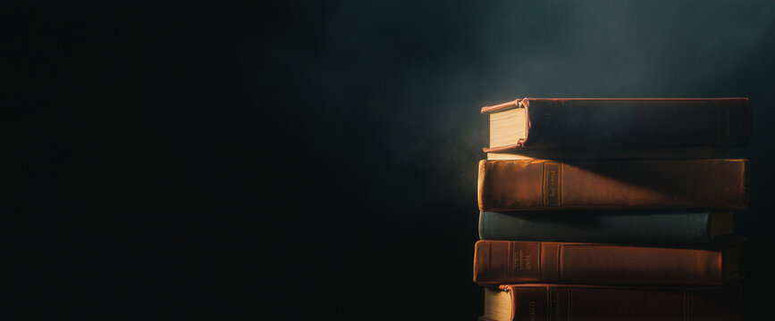 Vintage books on stack for reading or literature projects against dark background with copy space. Education and studying concept. Minimalistic banner composition