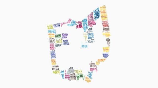Ohio counties word cloud animation. State logo animated video. Ohio colored text cloud. Counties typography style motion graphics. Beautiful video.