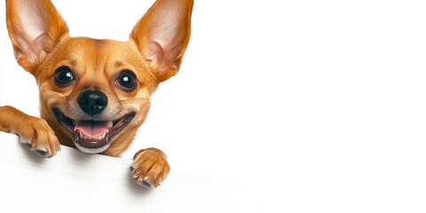 Cheerful Chihuahua with big ears peeking over a white surface against a rustic wall. Displays curiosity, happiness, and playfulness. Ai generated