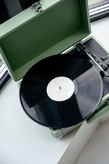Beautiful Turntable with vinyl disc. top view of vintage record player. Vinyl record player.