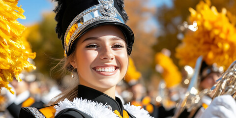 Smiling girl brass band musician play trumpet in Thanksgiving parade. Musical performance concept. for banner, poster, invitation, postcard