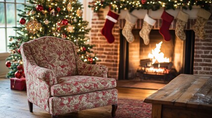A red and white chair is in front of a fireplace