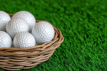 Fototapeta premium Basket of golf balls on a green field. There are golf balls in the basket. The basket is brown and woven. Close-up of a basket filled with white golf balls resting on green grass, perfect for sports
