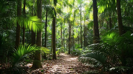 Sunlight shining through the dense canopy of a tropical rainforest, with a pathway leading through the foliage.