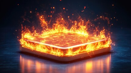 Fiery electronic circuit board in flames symbolizing intense energy and heat
