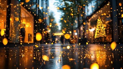 Obraz premium Festive urban winter scene with twinkling christmas lights and tree for holiday card design