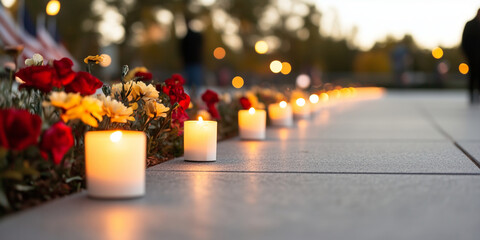 Lit candles and flowers arranged on memorial path at dusk. Memorial day. Commemoration and tribute concept. Design for greeting card and postcard