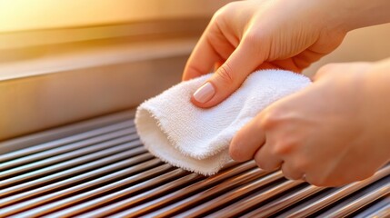 Cleaning a Stainless Steel Surface with a White Cloth in Sunlight, AI