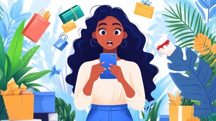 Excited shopper experiencing a flash sale with floating gifts and boxes