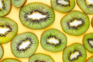 Fototapeta premium Slices of kiwi in yellow on. fresh healthy juicy concept. a bunch of kiwi slices lying on a yellow . a kiwi lying on a white with slices of yellow fruit lifestyle.